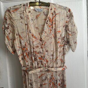 Vintage 1940s sheer floral midi dress with belt, size 6.